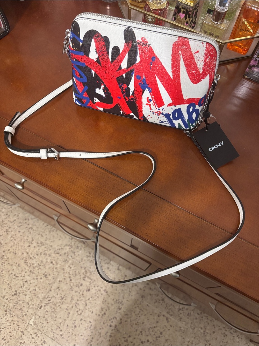 DKNY White Leather Crossbody with Red & Blue Graffiti Print